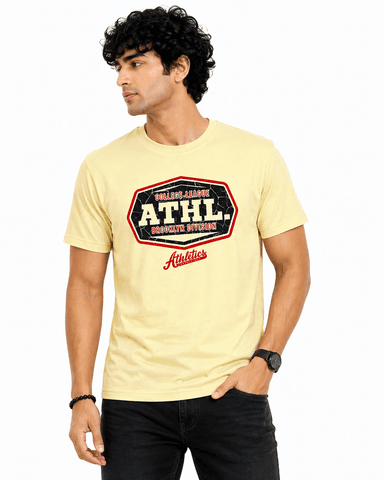 Men’s Pale Yellow ATHL Brooklyn Division Printed Round Neck T-Shirt