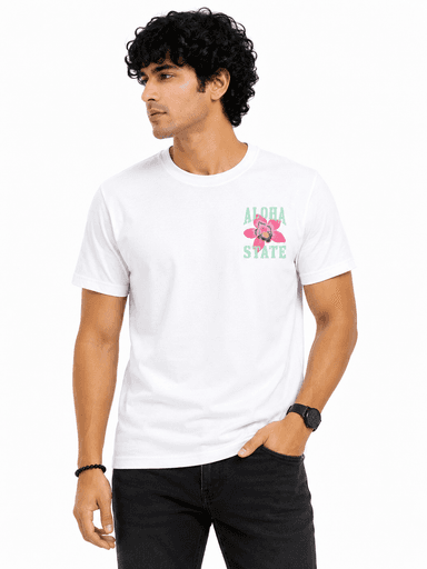 Men’s White Aloha State Printed Round Neck T-Shirt