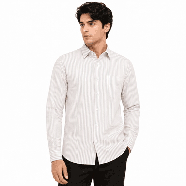 Men's Premium Full Sleeve Vertical Striped Casual Shirt | Cotton Blend Regular Fit | Beige & White Formal Shirt