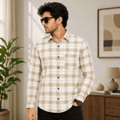 Men's Beige Checked Full Sleeve Casual Cotton Blend Shirt | Regular Fit | Stylish Button Down Shirt