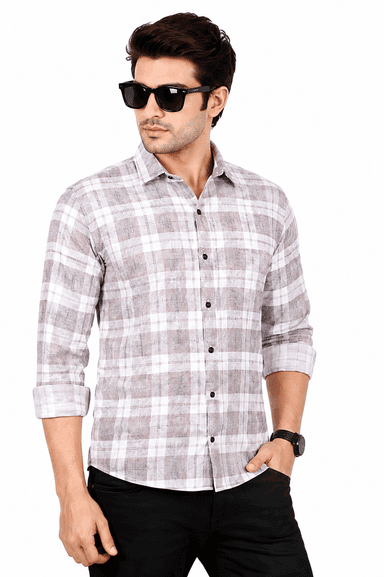 Stylish Men's Beige & White Checked Full Sleeve Casual Shirt | Regular Fit Cotton Blend Shirt